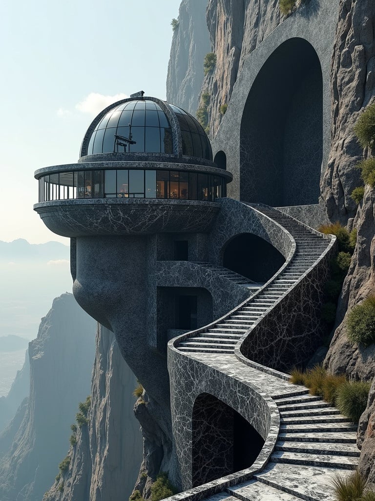 Hyper realistic celestial observatory design. The structure largely made of black marble with white veins. Situated on the rugged cliff side, the design integrates naturally with the landscape. Incorporates unique features such as dome, telescope, and observation deck. Showcases impossible geometries and interconnected elements. Textured stone stairs and pathways make a seamless transition between foreground and background.