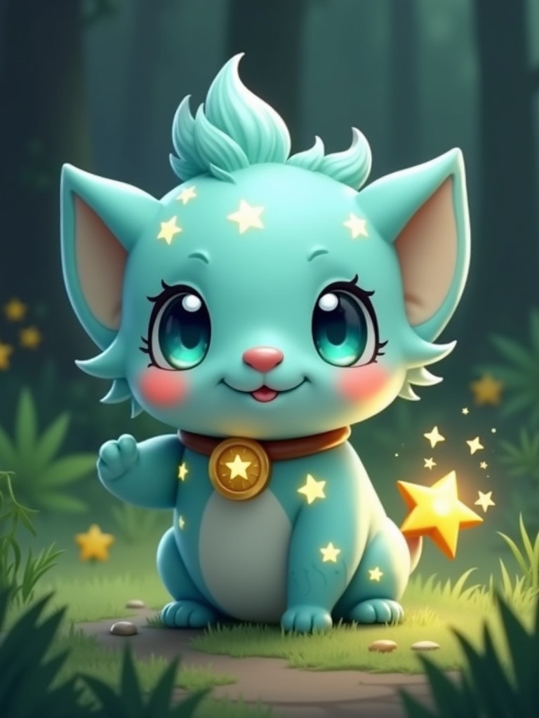 Design a small pastel teal creature named Tiko. Tiko has soft glowing star-like spots. He possesses large blue-green eyes and a button nose. Pointy ears are twitching. He has a cheerful smile and a fluffy tuft of hair. A short tail has a glowing star at the tip. Tiko wears a magical golden leaf belt. The setting is a lush magical forest with charm.