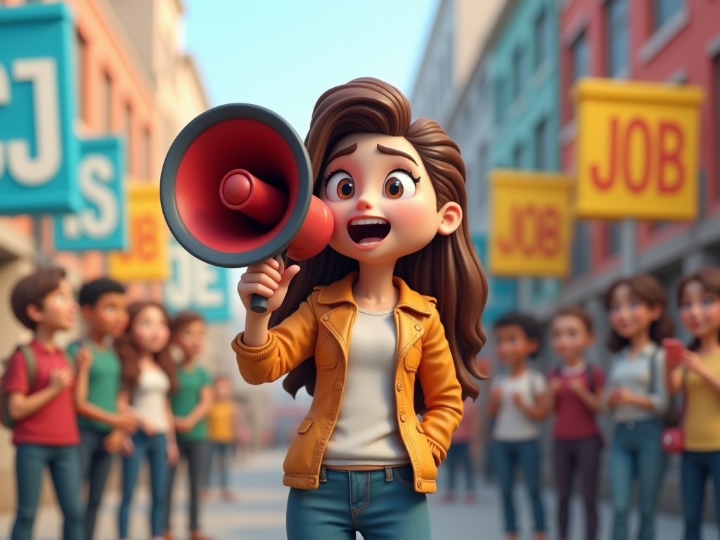 In a vibrant cartoon street setting, a young animated woman holding a megaphone stands out as she announces employment opportunities enthusiastically. The crowd around her seems attentive, and colorful signs with 'JOB' are visible, creating an energetic atmosphere of possibility and motivation. The image captures a sense of community and active pursuit of career opportunities.