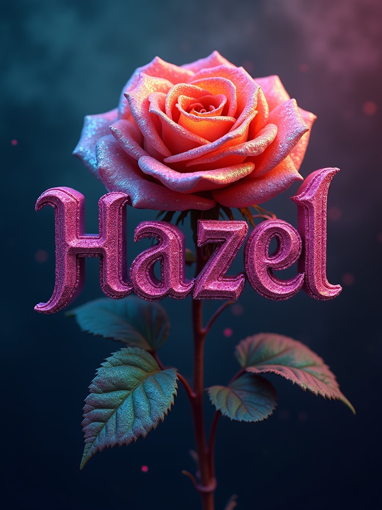 Name Hazel in bold font. 3D elegant rose covered in rainbow glitter. Bright colors. Ultra high resolution. Smoky background with rainbow colors. Steampunk style. Intricate details. Vibrant colors.