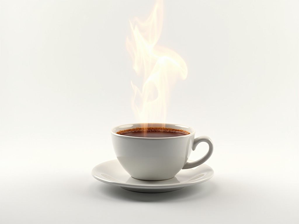 A steaming cup of coffee on a saucer with steam forming the shape of a flame against a white background.