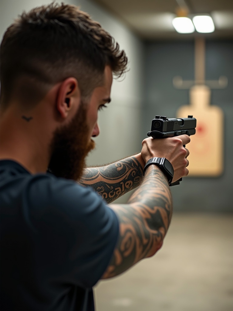 Man holding a Glock 19 in an indoor shooting range. The man is aiming at a target. He has tattoos on his arms and a beard. The environment is well lit with a target in the background.