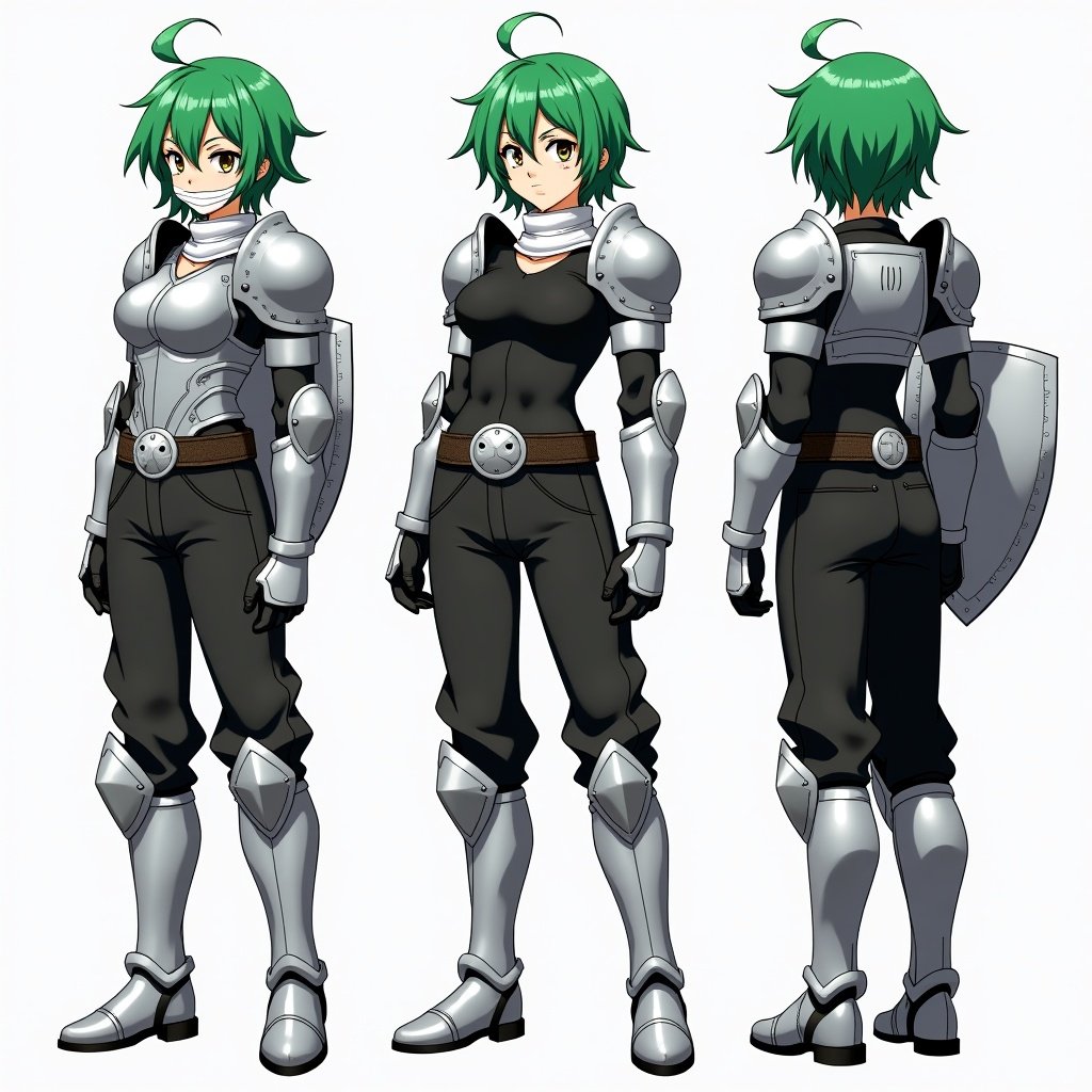 Anime mercenary tomboy with green hair presented in front side and back views. They wear metal shoulderpads and a chestplate over a black shirt. Metal gauntlets and shin pads are worn. The pants are black and baggy with a large black belt and silver buckle. A silver shield is attached to the belt.