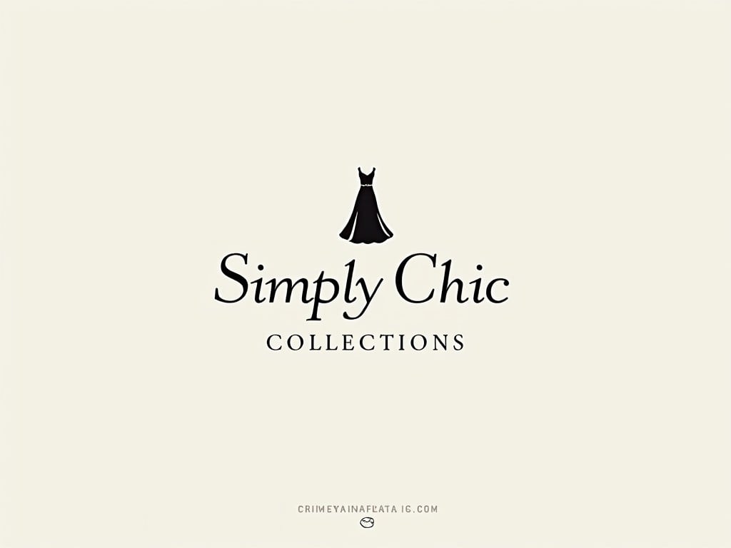 The image features a minimalist logo design for 'Simply Chic Collections'. It incorporates clean lines with a stylish, elegant font. Above the name, there is a silhouette of a dress, representing sophistication and elegance. The color palette includes classic black and gold against a soft, light background. The contrast between serif and sans-serif fonts adds a unique touch to the logo. It is designed to convey a chic aesthetic, perfect for a fashion-related brand.