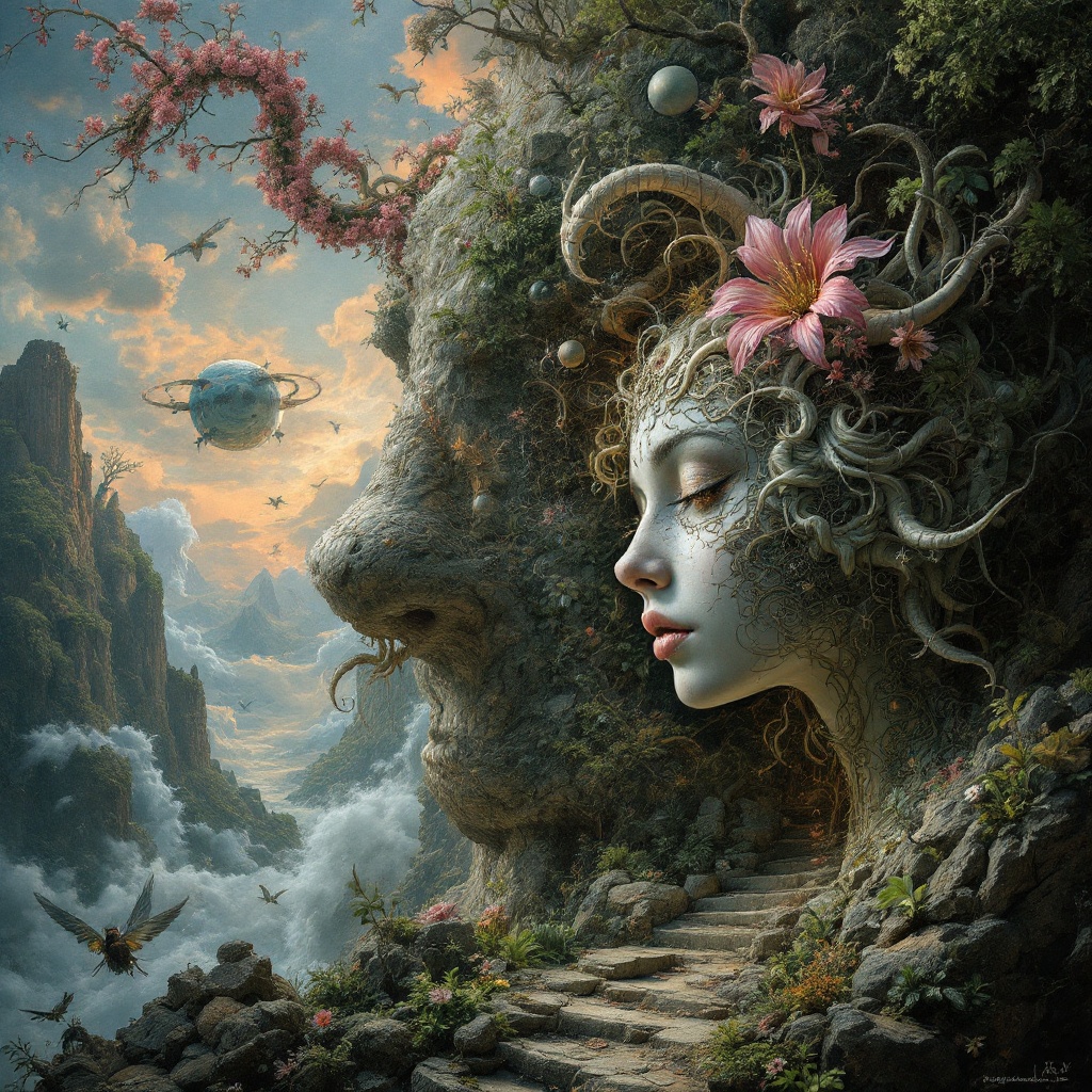 Surreal landscape featuring a large stone face intricately merged with vibrant flowers and greenery. A backdrop of mountains and a cloudy sky with a planet visible. Earthly elements combined with imaginative themes. Dreamlike atmosphere with unexpected details.