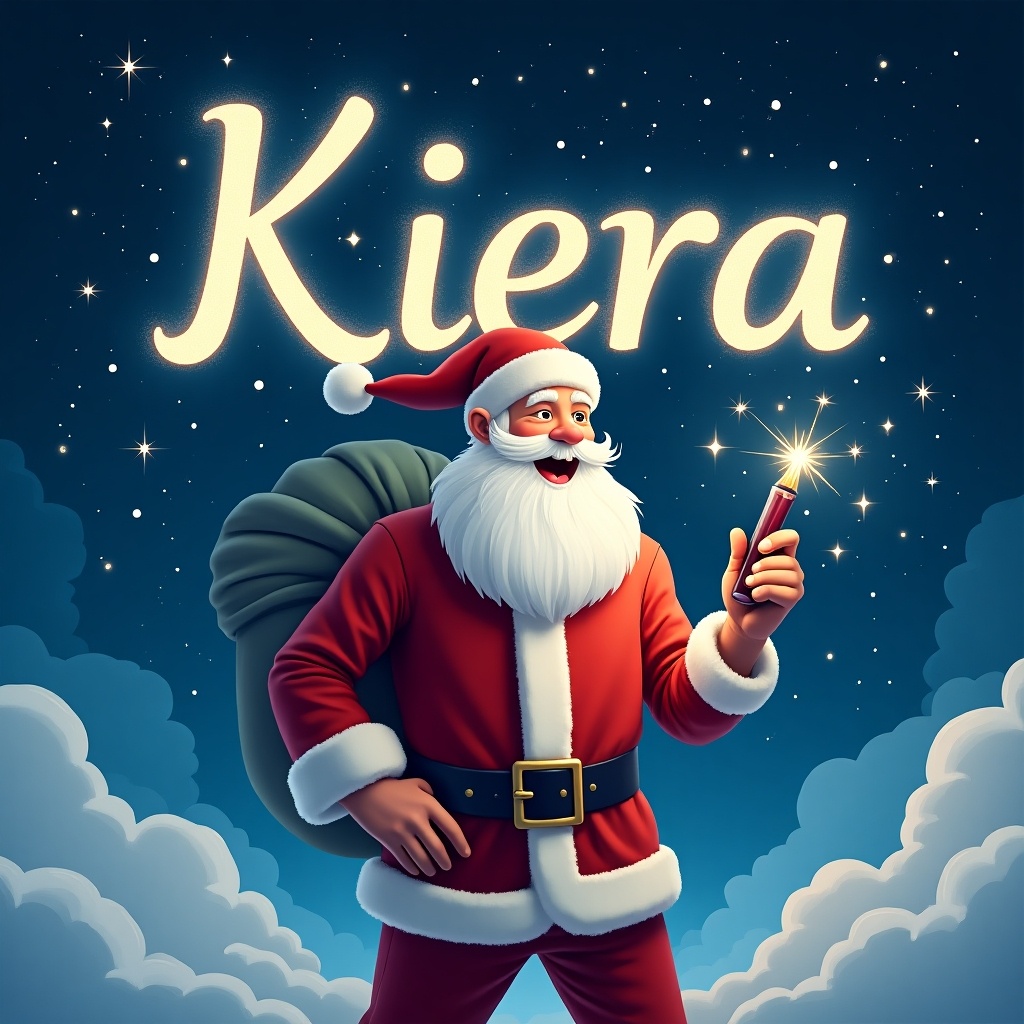 Santa Claus in a red suit writes names in the night sky. A snowy background with fluffy clouds. A festive atmosphere with magical elements and a soft glow. The name Kiera is featured prominently.