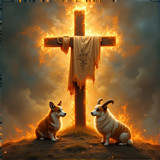 Two corgi dogs, one with goat horns, sit in front of a glowing cross draped with a cloth that has intricate symbols.