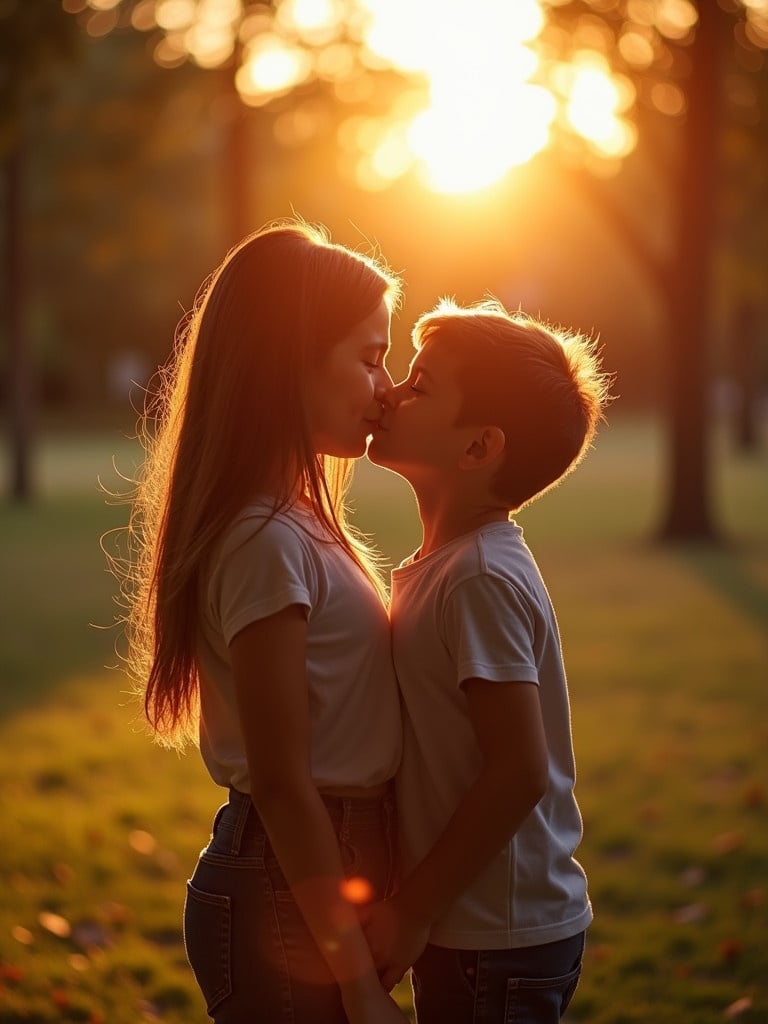 A girl and boy kissing in a park during sunset. Sunlight creates a warm atmosphere. They are facing each other closely.