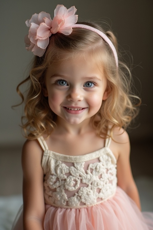 A little girl wearing a pink dress with floral details. Child has curly hair adorned with a large pink flower. The setting is bright and soft-focused. There is a gentle expression, evoking a whimsical feel.