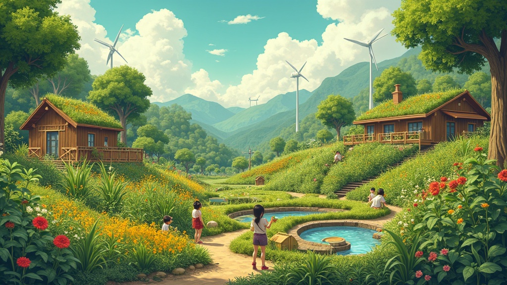 A Solarpunk scene depicting a vibrant permaculture landscape. The scene features flourishing greenery colorful wildflowers and diverse crops. People are seen joyfully harvesting fruits and planting seeds. The landscape includes food forests and ponds. Eco-homes with rooftop gardens are visible. Warm golden sunlight enhances the welcoming atmosphere. The art style is whimsical and rich in detail.