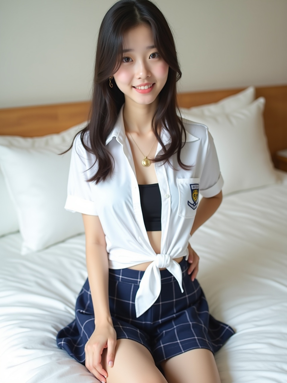 a young woman sitting on a bed, wearing a tied white shirt and plaid skirt, in a serene and soft-lit room