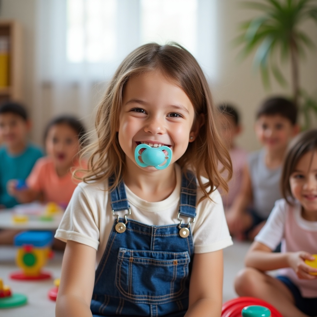 A seven-year-old girl with long brown hair is smiling while wearing a diaper under her t-shirt and dungarees. She has a pacifier in her mouth and demonstrates a joyful expression. In the background, there are other children engaged in play, contributing to a lively daycare atmosphere. The setting features colorful toys scattered around, creating an inviting and cheerful environment for kids. Soft, natural lighting enhances the warmth of the scene.