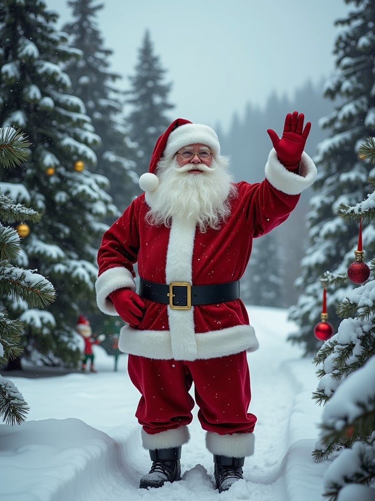 Santa Claus stands in a snowy landscape. He waves cheerfully. The surrounding area is festive with decorated trees and a blanket of snow.