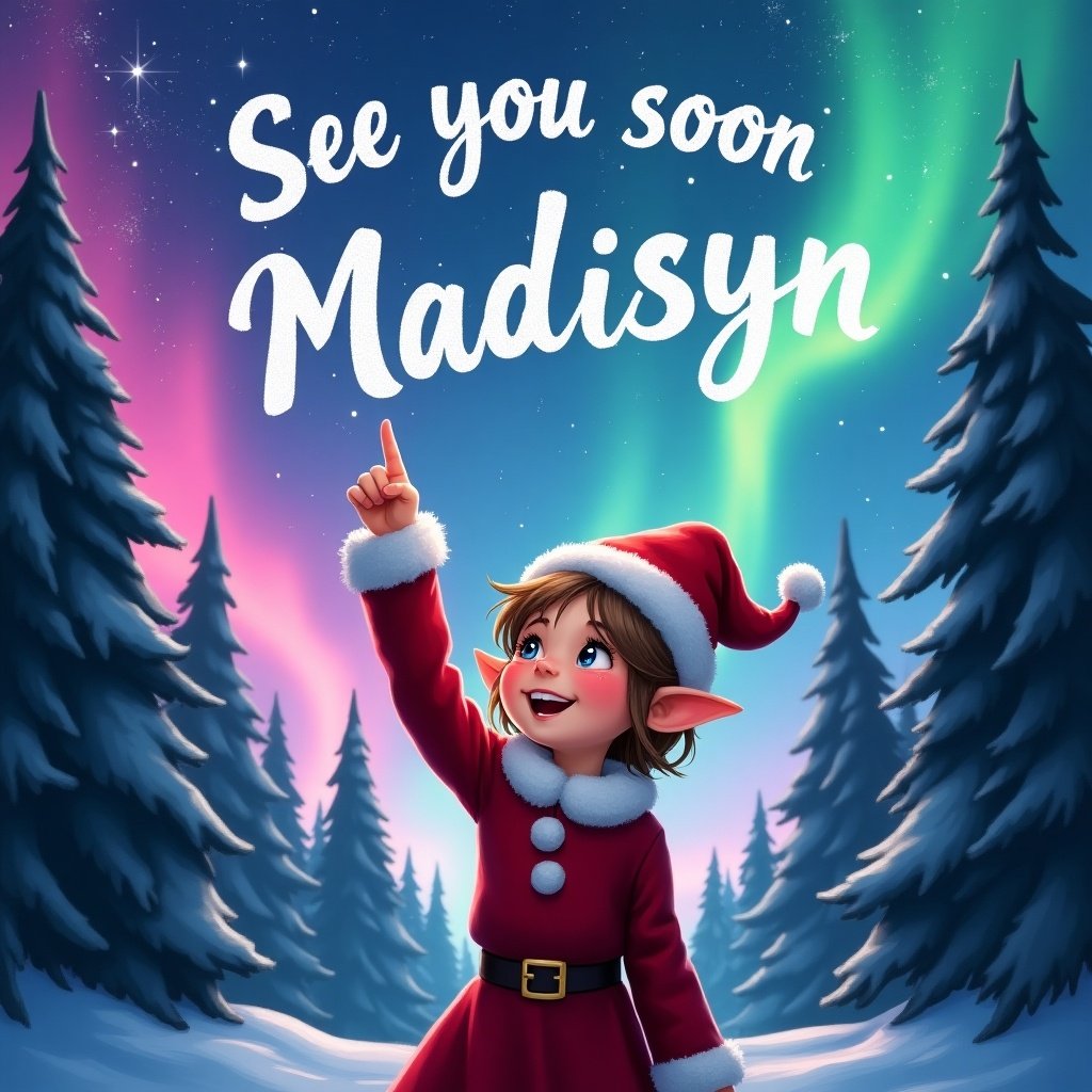 This image features a joyful elf girl with short hair, wearing a red outfit and a Santa hat. She is playfully pointing upwards as if she is enchanting the night sky. The sky is filled with vibrant northern lights in shades of pink, blue, green, and purple, creating a magical atmosphere. Surrounded by tall evergreen trees, the scene captures the essence of winter wonder. The elf's expression is full of wonder, making the image engaging. The words 'See you soon Madisyn' are written in a whimsical font above her, enhancing the festive feel.