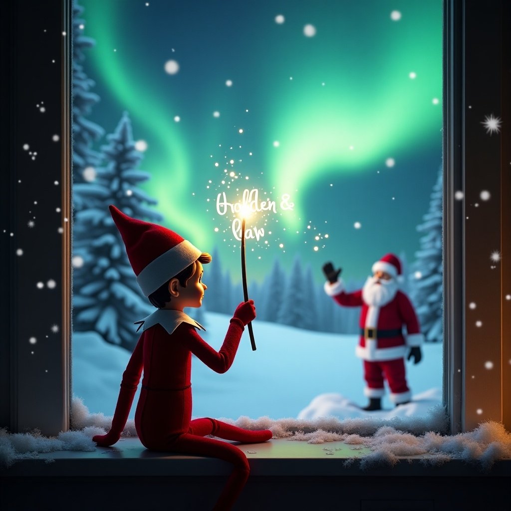 The image features an elf on the shelf, positioned with his back to the viewer, gazing up at a magical winter scene. He holds a wand, using it to write ‘Holden & Marlow’ in glowing light. In the background, Santa Claus can be seen amid a snow-covered landscape. The sky is illuminated by vibrant northern lights, adding a whimsical touch to the atmosphere. The window frame suggests a cozy indoor setting for this festive portrait. Snowflakes can be seen in the foreground, enhancing the holiday magic.