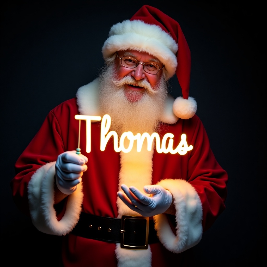 This image features Santa Claus wearing his iconic red and white suit. He holds a glow stick that forms the name 'Thomas' in bright light. Santa's expression is filled with jolliness, radiating holiday warmth. The background is dark, making the glowing text stand out beautifully. This festive scene embodies the enchanting spirit of Christmas. It captures the joy and magic of the holiday season perfectly. It's ideal for seasonal promotions or personalized gifts.