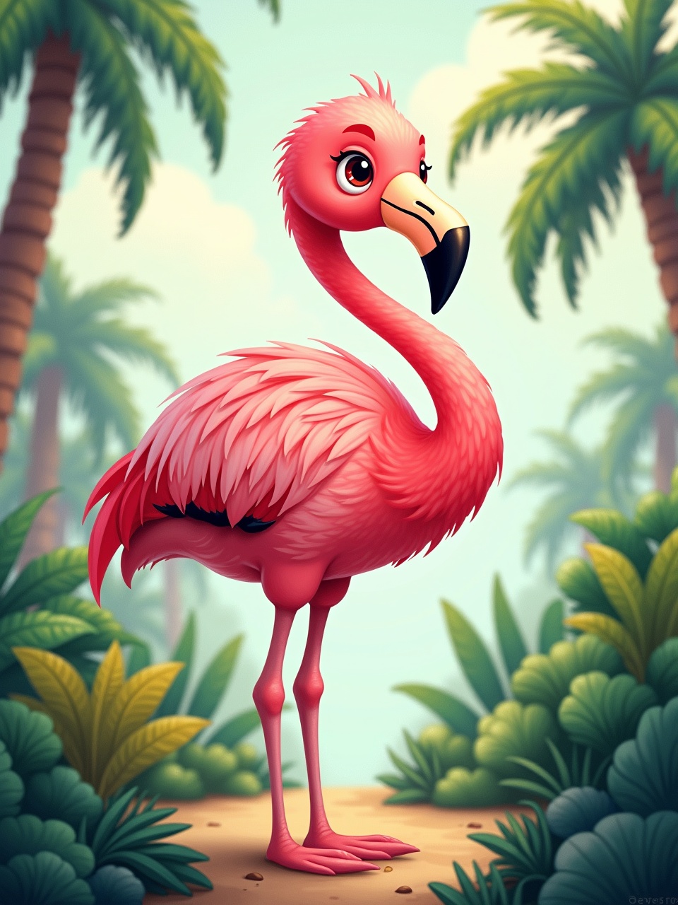 A colorful cartoon flamingo standing in a vibrant jungle setting with palm trees and lush foliage.