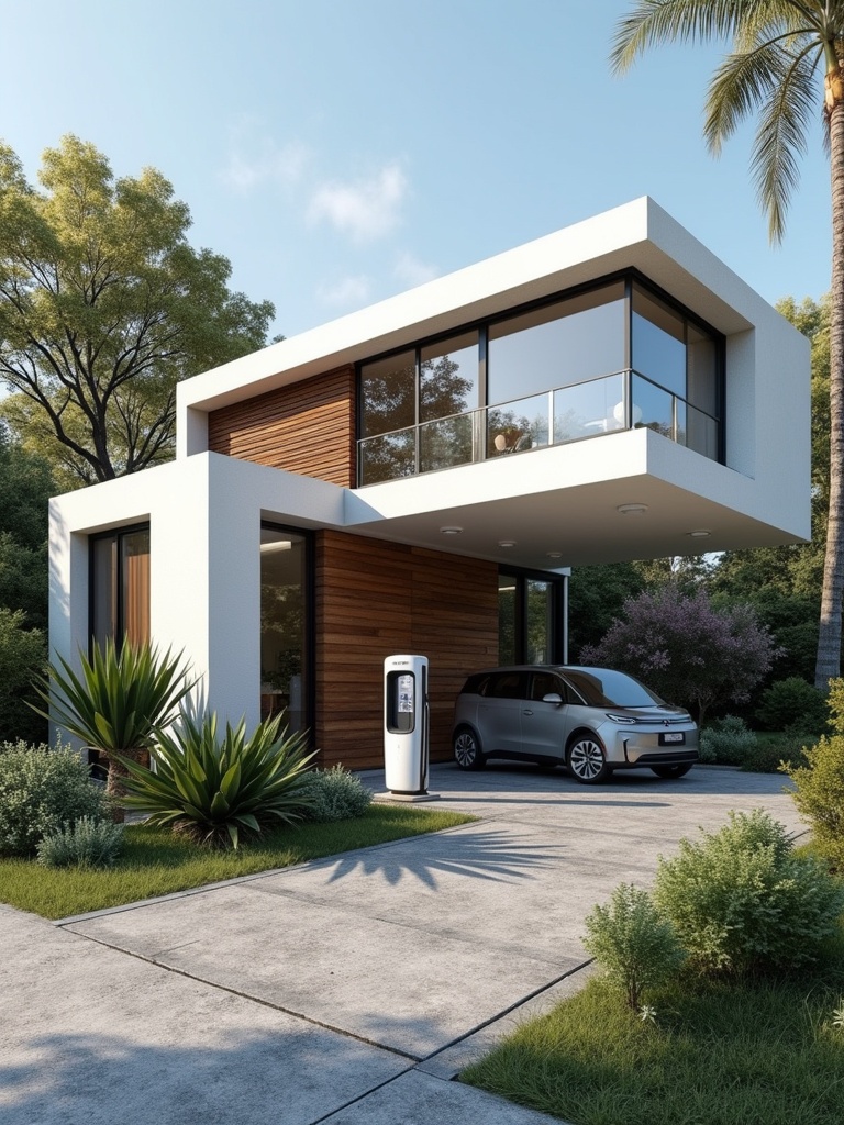 A modern luxury home showcasing sustainable features. Contains solar panels and an electric vehicle charger. Surrounding landscaping includes green plants and trees. A sleek gray car is parked in the driveway.