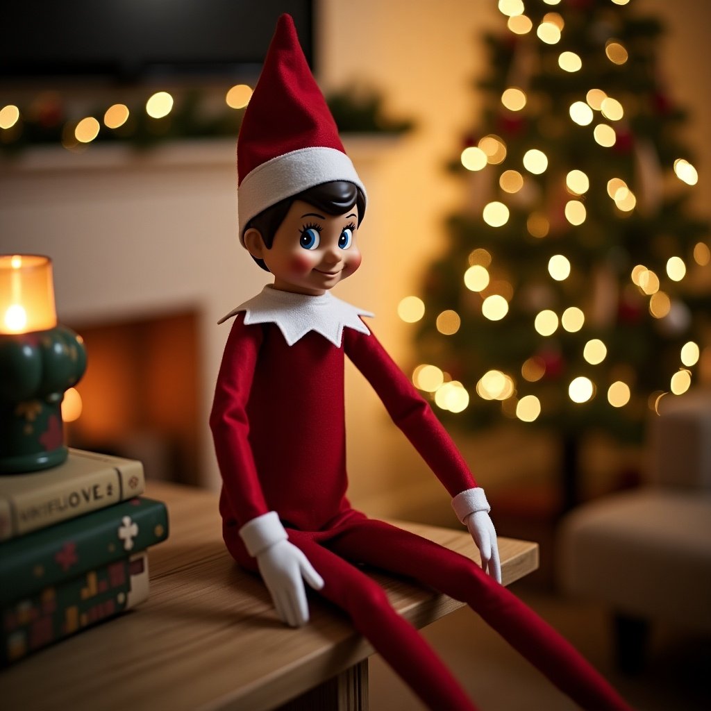 Elf doll with red outfit sits on a table in front of a decorated Christmas tree. Warm lights sparkle in the background creating a festive ambiance.