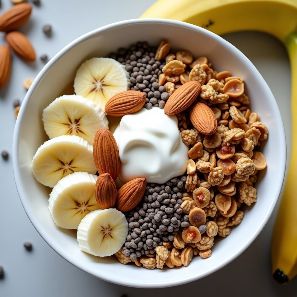 Banana granola yogurt bowl with almonds and chia seeds. Top view of healthy breakfast. Circular white bowl filled with granola and banana slices. Natural ingredients.