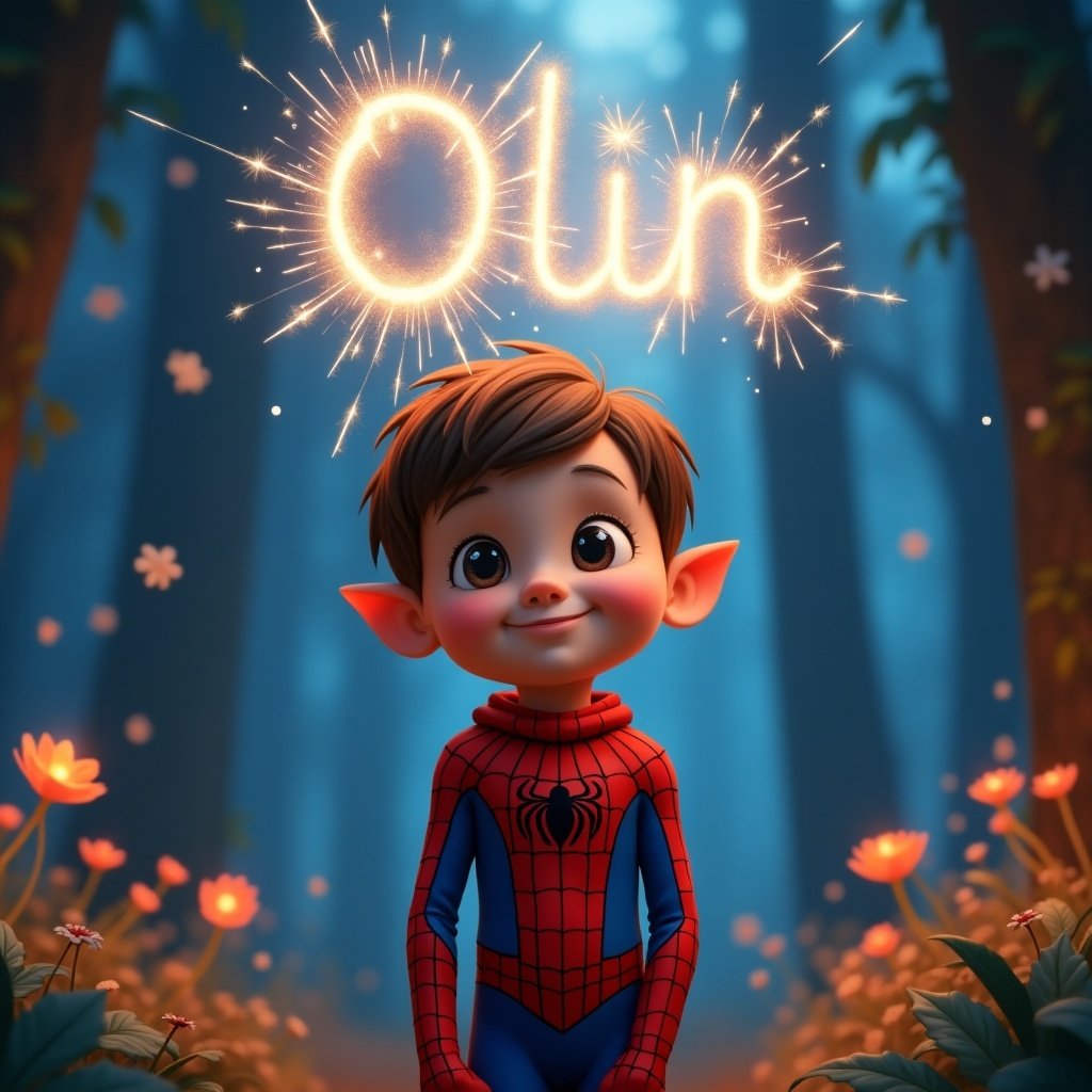 Cheerful little boy pixie inspired by Elf on the Shelf. Standing in a magical woodland scene at night. Dressed in a vibrant Spiderman costume. Background has trees and flowers in soft blue light. Name 'Olin' written in bright, sparkling letters above him.