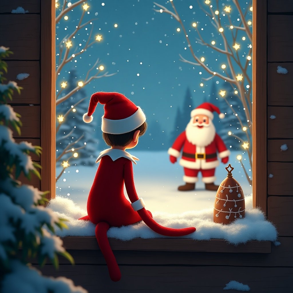 An elf on the shelf is sitting by a window, faced away from the viewer. In the background, Santa Claus appears cheerfully, adding to the festive atmosphere. The scene is illuminated with soft glowing lights and a snowy landscape, creating a warm and enchanting Christmas vibe. This illustration captures the wonder of holiday traditions and childhood fantasies. It evokes feelings of joy and nostalgia for the audience, representing the magic of Christmas.