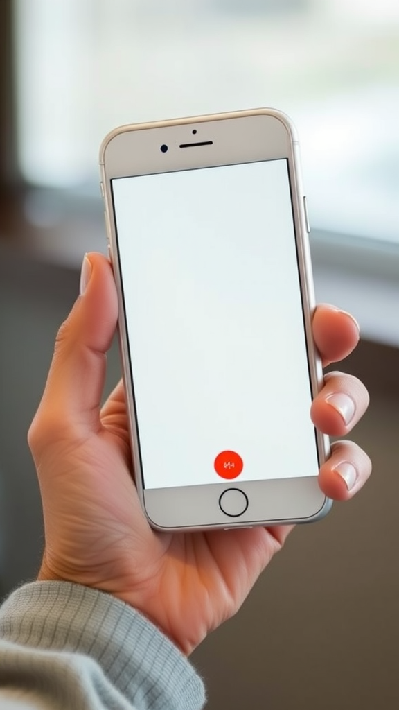 A hand holds a smartphone with a blank white screen and a red circle button at the bottom.