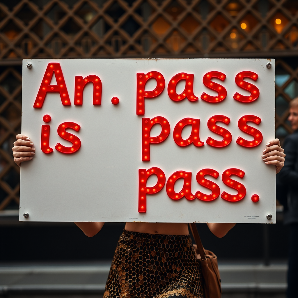 A person holds a lit-up sign that reads 'An. pass is pass pass.' in red letters.