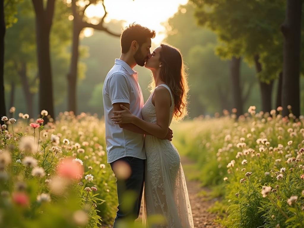 The image depicts a couple sharing a romantic kiss in a lush green park. The scene is illuminated by soft daylight, creating an intimate atmosphere. Surrounding them are vibrant flowers, adding color to the serene setting. The couple's embrace signifies love and connection. This moment captures the essence of romance in nature, inviting viewers to feel the emotion behind the kiss.