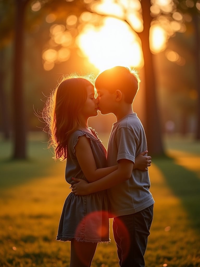 A girl and boy kiss in a park during sunset. Warm light surrounds them. They are holding each other closely. Scene evokes innocence and warmth.