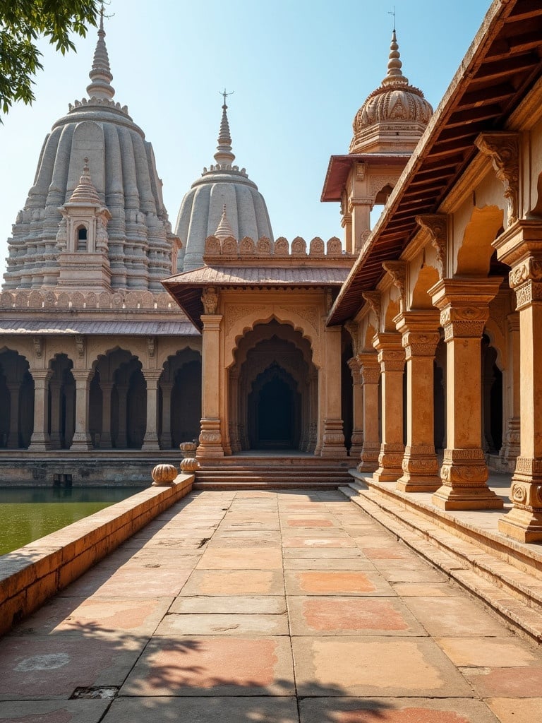 A beautiful depiction of a Telugu kings palace with intricate temples. The scene captures towering structures from warm beige stone patterns. A serene atmosphere is present with a clear blue sky. The walkway is surrounded by stunning architecture. The reflection of the temples in the water adds to the image.