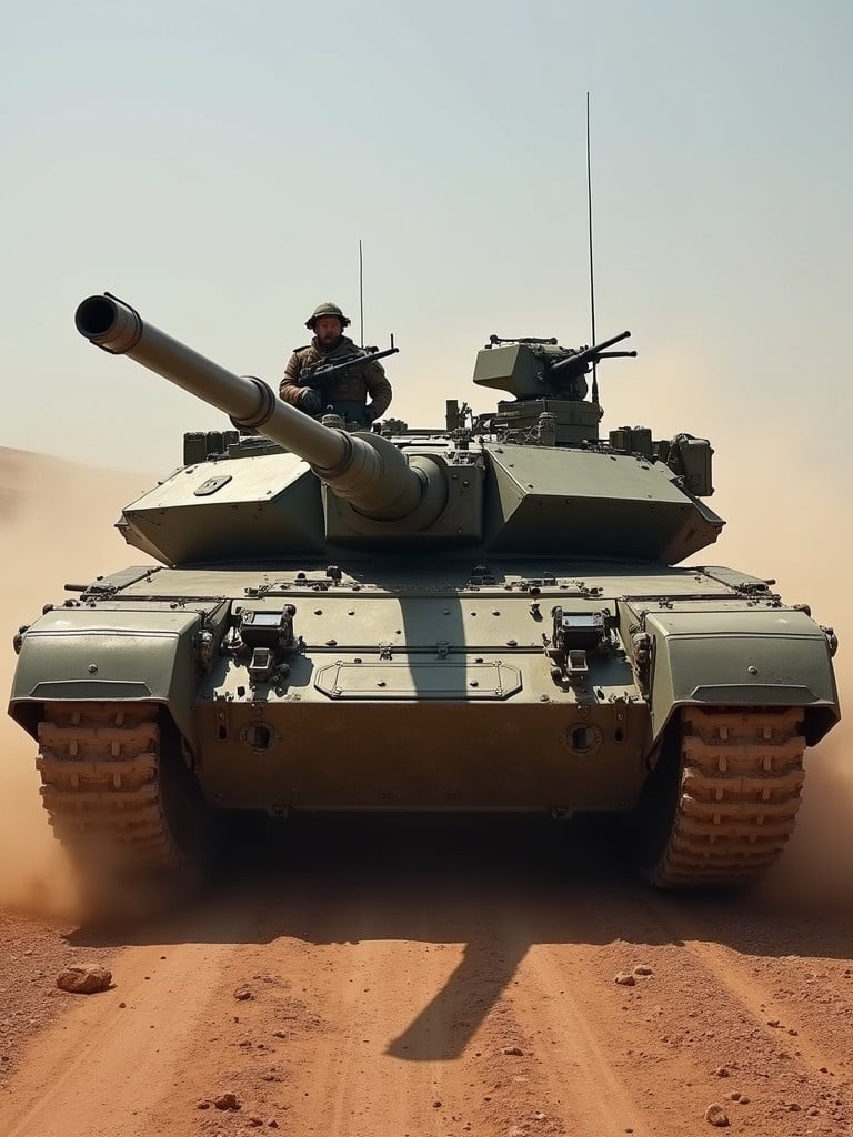 Military tank moves through dusty terrain. The tank shows its turret and barrel prominently in the scene. The dust from the ground creates an imposing atmosphere.