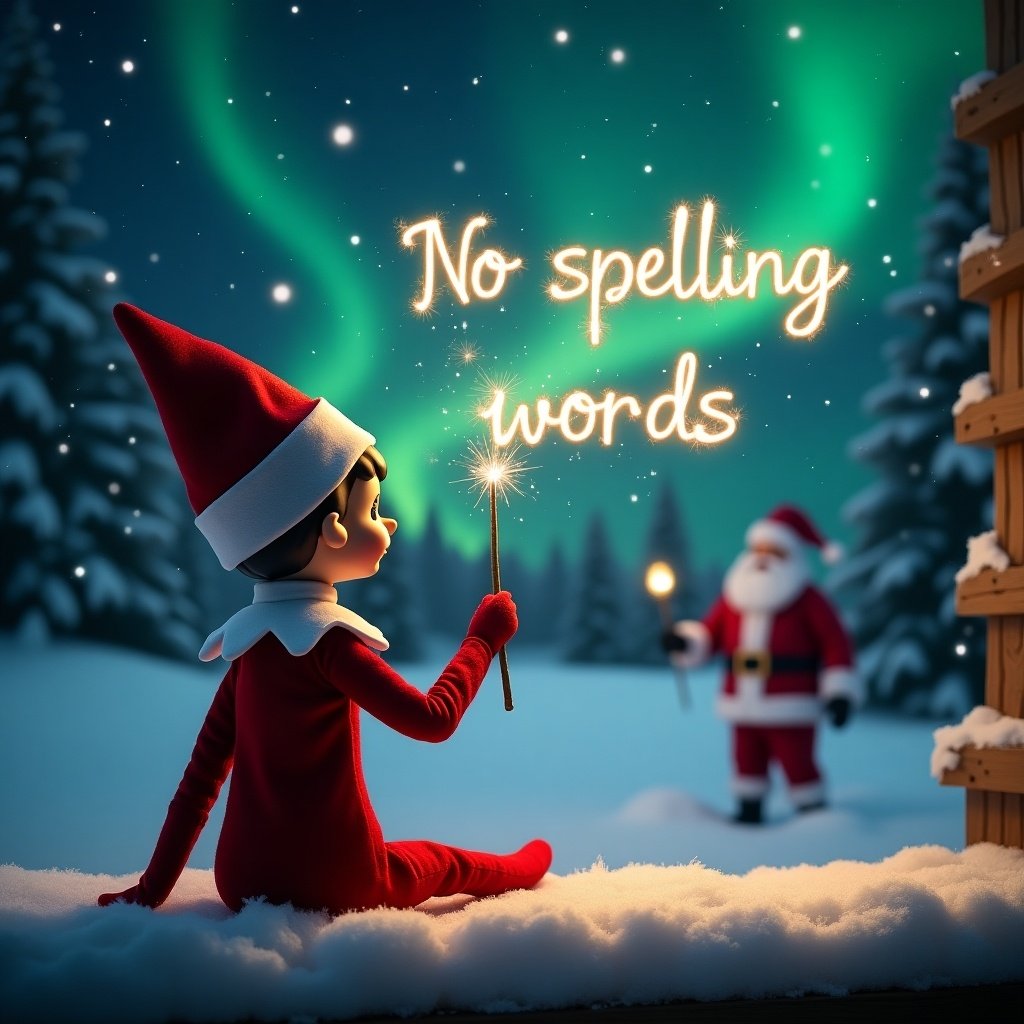 Enchanting winter scene with an elf on the shelf. Elf has a red outfit and white collar. Holding a magical wand. Wand writes 'No spelling words' in lights. Santa in the background. Snowy landscape with northern lights. Warm festive atmosphere.