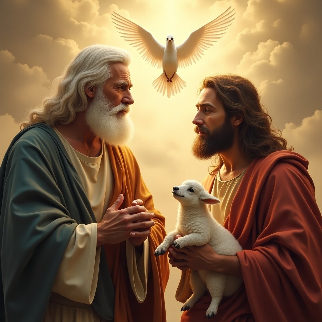 Depiction of God the Father and Jesus Christ with the Holy Spirit represented as a dove overhead. Father and son are in warm colors. A lamb is held by Jesus. Soft clouds in the background.