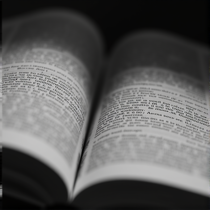 A black and white close-up of an open book with pages turning, creating a sense of movement and focus on the printed text.