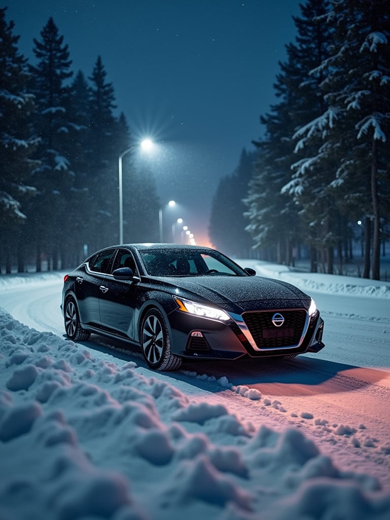 Nissan Altima 2024 parked on a snowy road at night. Snow covers the ground. Street lights illuminate the scene. Trees are in the background. The car looks stealthy and elegant in the winter landscape.