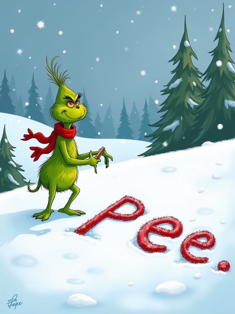 Grinch writes in the snow. Scene shows snow-covered hills and evergreen trees. Grinch is green and wears a red scarf.