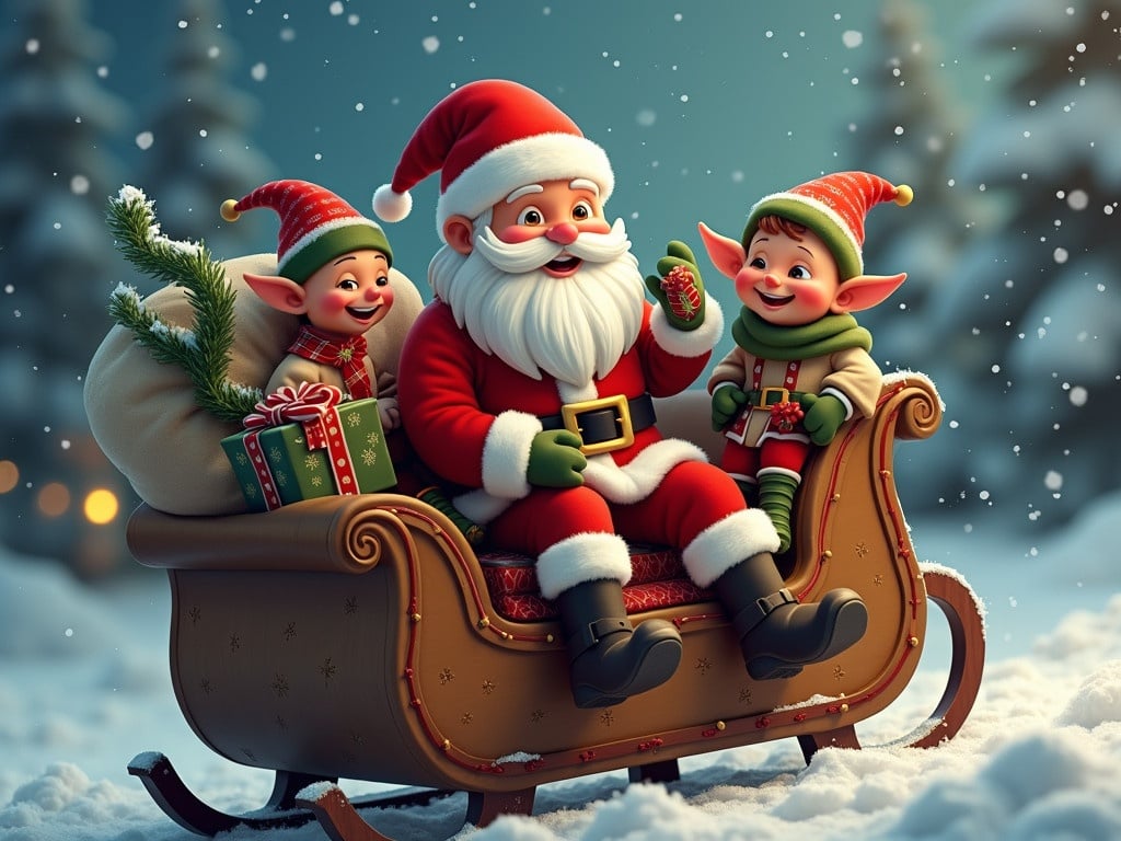 Photo realistic Santa Claus sits in a sleigh with a joyful expression. Two elves next to him hold a bag filled with presents. Snow falls gently around them. Top text includes Merry Christmas and a Happy New Year! From the Ruiseco family!