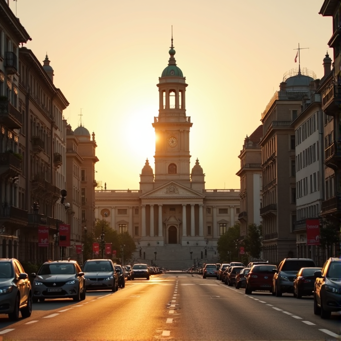 A grand building with a clock tower is silhouetted by the setting sun, while cars line the street leading up to it.