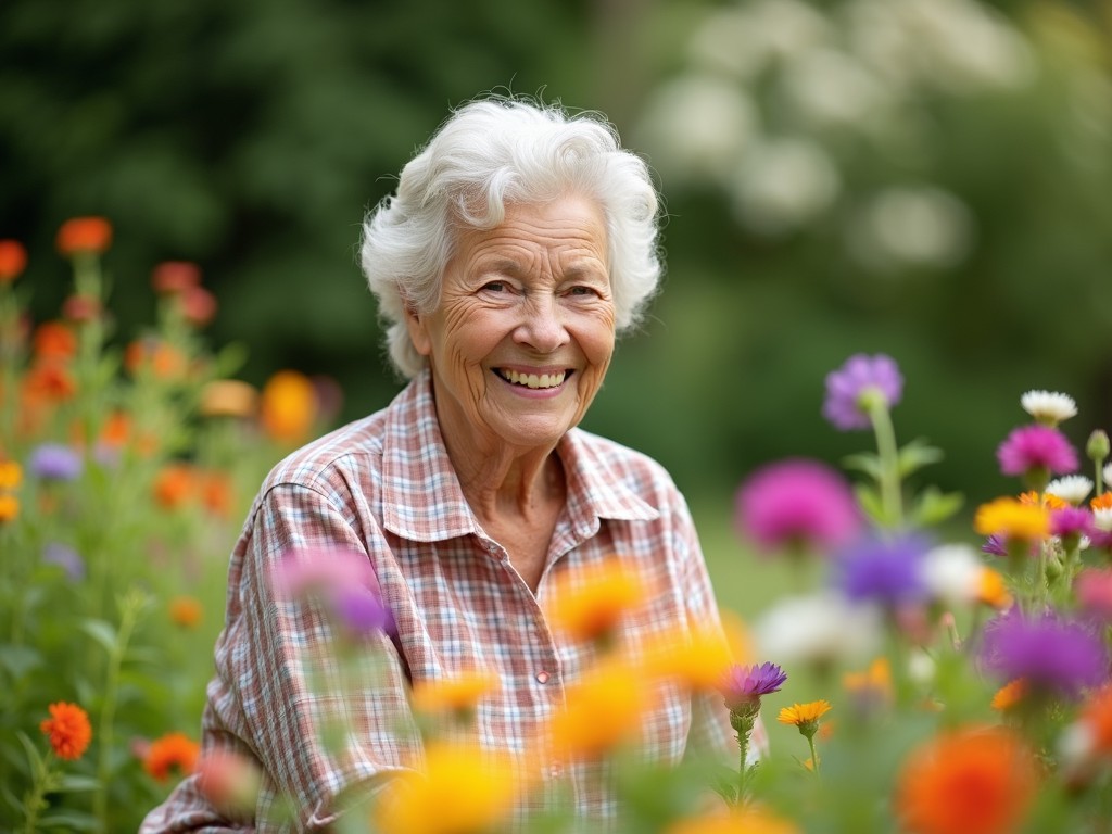 A smiling elderly woman is seated in a vibrant garden filled with colorful flowers. Her face radiates happiness amidst the surrounding blossoms, creating a peaceful and joyful atmosphere. The background is blurred, enhancing the focus on her joyful expression and the vivid colors of the flowers.