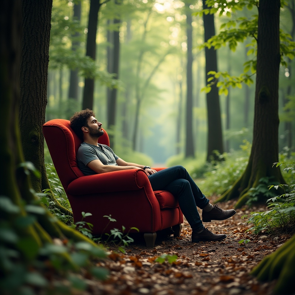 Man in an ancient forest relaxing in a comfy red chair.