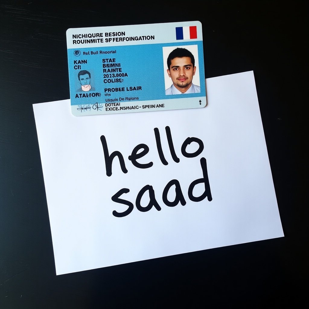 A French national identity card rests on a dark surface with a handwritten note beneath it. The note reads hello saad. The ID card shows personal details like a name and date of birth. The colors are blue and white providing contrast against the dark background.