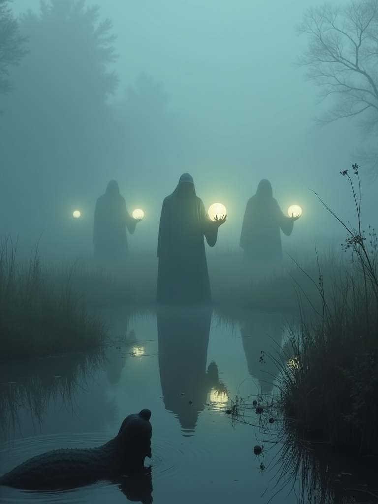 Marshy area enveloped in mist. Silhouettes of hooded figures carrying glowing orbs. Eerie light casts shadows on surroundings. Strange creatures partially visible in the water.