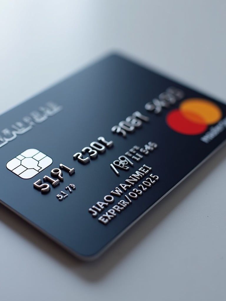 Realistic image of a credit card showcasing details clearly. The card features the Mastercard logo prominently. Card number displayed is 5191 2302 2087 5455. Cardholder's name JIAO WANMEI is printed. Expiry date 03/2025 is visible. Design is sleek and modern. It conveys standard credit card use.