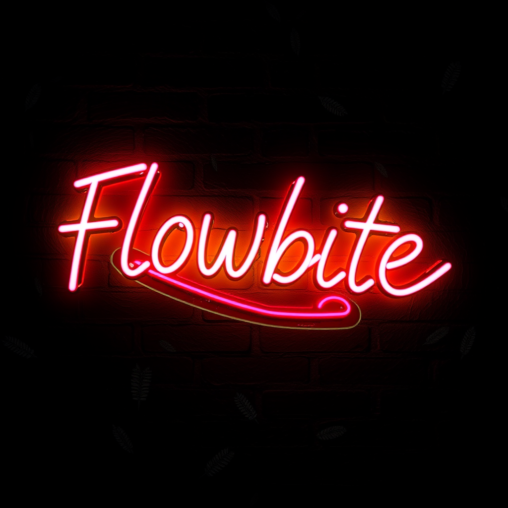 A bright neon sign spelling 'Flowbite' against a dark brick wall.