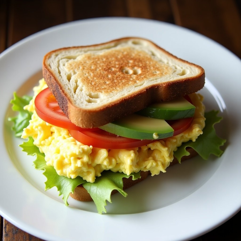 A sandwich featuring scrambled eggs layered with avocado, iceberg lettuce, and tomato, served on toasted bread with mayonnaise.