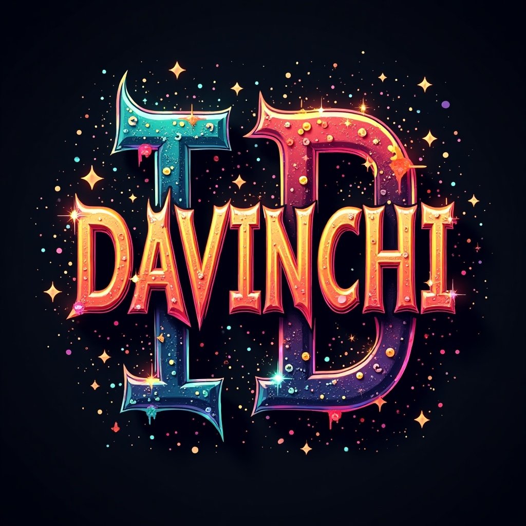 Impactful font for initials DAVINCHI. Emphasized with vibrant colors. Colorful background with sparkling effects.