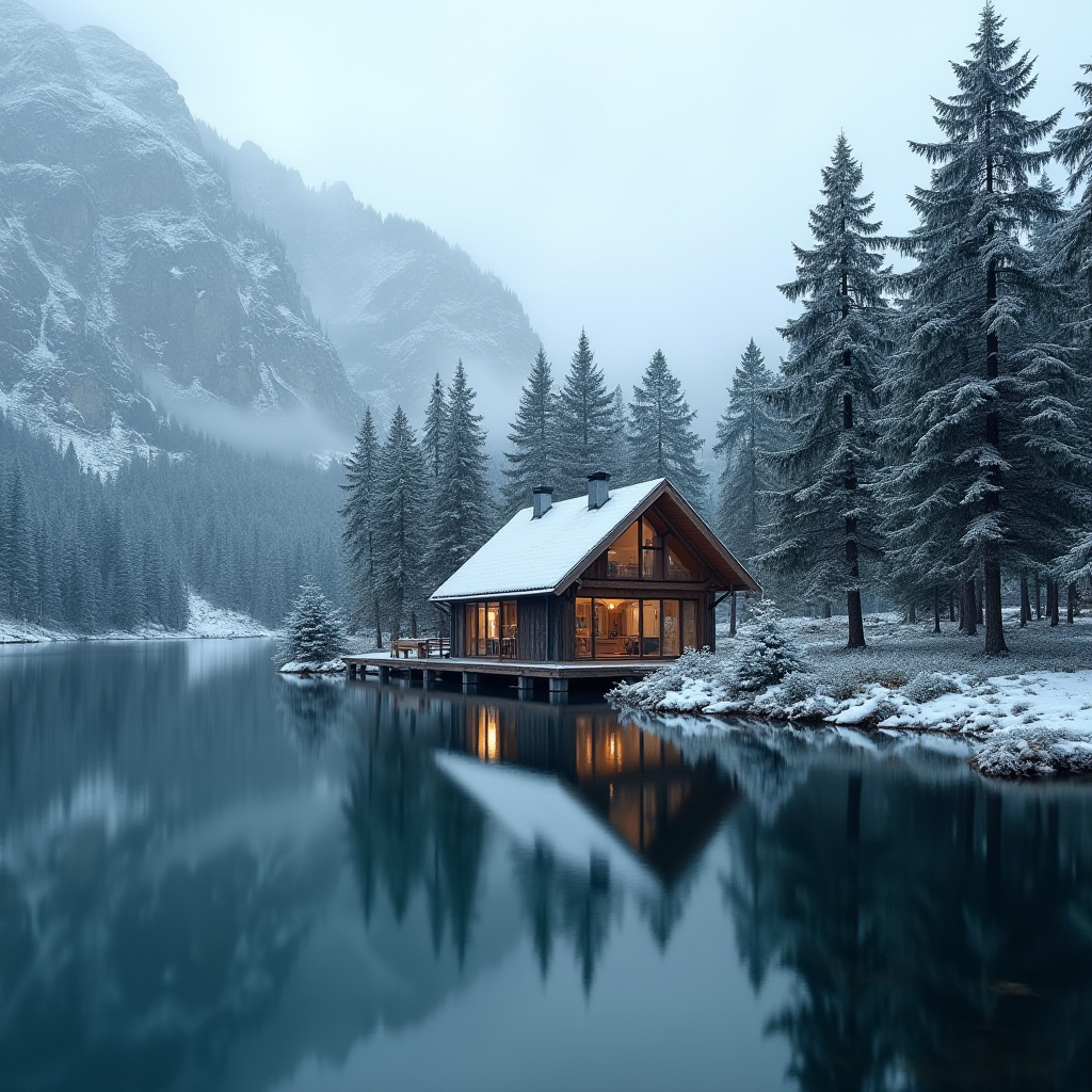 A cozy, warmly lit cabin sits by a serene, snow-covered lake surrounded by tall, snow-dusted fir trees and majestic mountains shrouded in mist.