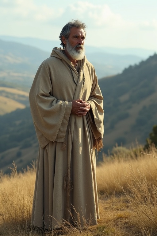 An old ascetic priest stands on a hill. The priest wears a natural-colored ceremonial robe. The setting is in southern France with hills in the background. The priest looks stern yet wise.