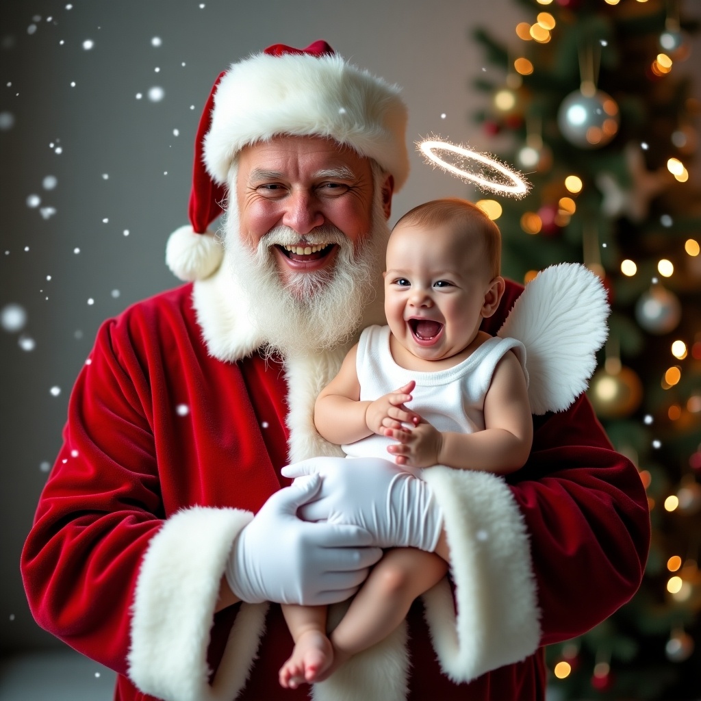 The image shows Santa Claus in a red suit holding a smiling baby with angel wings and a halo. Background features a Christmas tree with ornaments and falling snowflakes. The scene evokes warmth and joy, ideal for holiday themes.